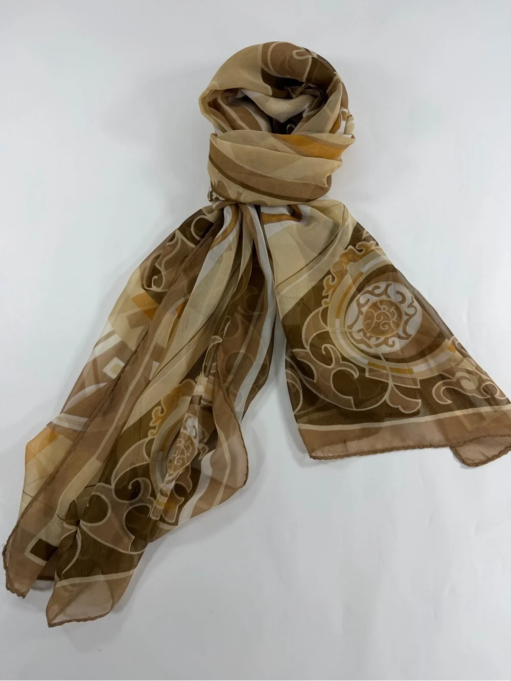 Equestrian Horseshoe Oblong Scarf Taupe Brown Cream Chiffon Sheer 64x21